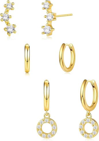 Small Gold Earring Set for Women, 3 Pairs Dainty 14K Plated Hoops, Includes Studs, Huggies and Dangle Styles, Hypoallergenic Lightweight Stackable Earrings for Multiple Piercings and Cartilage in Saudi Arabia