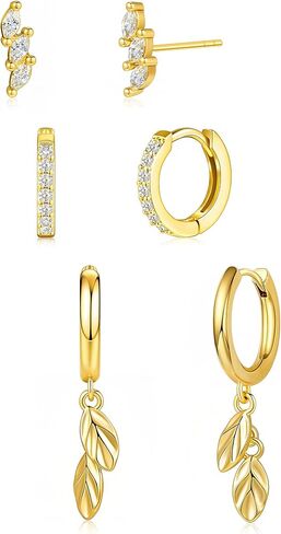 Small Gold Earring Set for Women, 3 Pairs Dainty 14K Plated Hoops, Includes Studs, Huggies and Dangle Styles, Hypoallergenic Lightweight Stackable Earrings for Multiple Piercings and Cartilage in Saudi Arabia