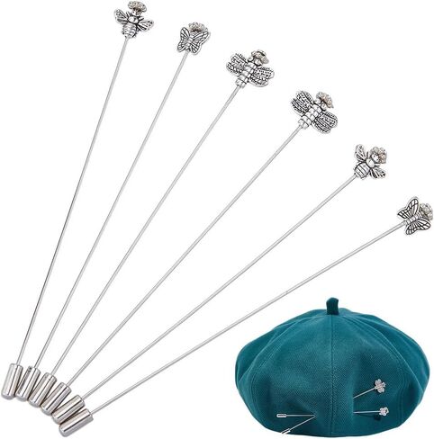6Pcs Vintage Hat Pin 4.9 Inch Butterfly Bee Alloy Brooches Safety Lapel Pin Stick Sliver Long Handle Lapel Pins Accessories for Tie Scarf Hats Badge Brooch Decorative Jewelry in Kuwait