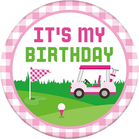 Mikovivi It's My Birthday Pin, 2.3in Pink Golf Cart Theme Happy Birthday Badge Button Brooch for Women Men Adults Party Decor & Gift in Kuwait