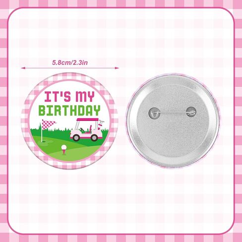 Mikovivi It's My Birthday Pin, 2.3in Pink Golf Cart Theme Happy Birthday Badge Button Brooch for Women Men Adults Party Decor & Gift in Kuwait