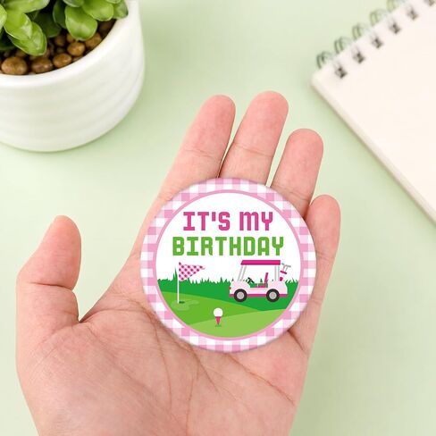 Mikovivi It's My Birthday Pin, 2.3in Pink Golf Cart Theme Happy Birthday Badge Button Brooch for Women Men Adults Party Decor & Gift in Kuwait