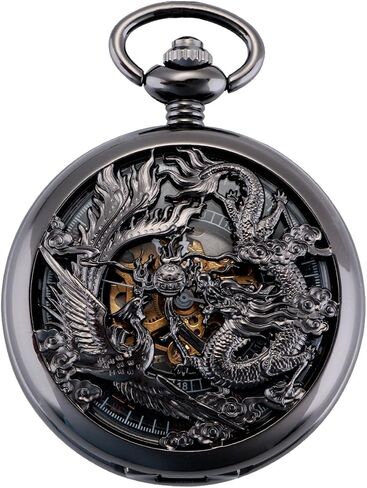 ManChDa Antique Mechanical Pocket Watches for Men Lucky Dragon Phoenix Pocket Watch with Chain Skeleton Dial Roman Numerals Gifts for Fathers Day in Kuwait