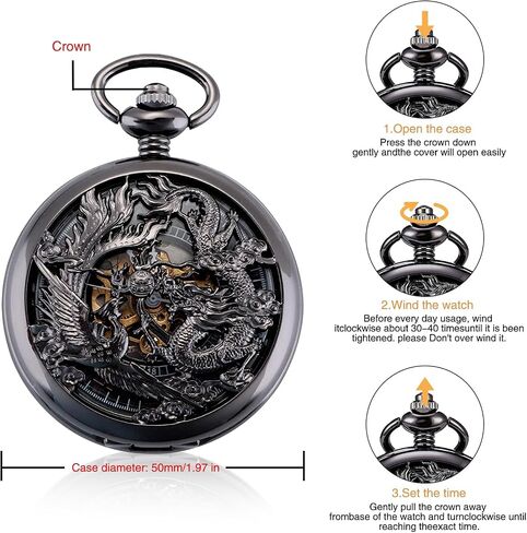 ManChDa Antique Mechanical Pocket Watches for Men Lucky Dragon Phoenix Pocket Watch with Chain Skeleton Dial Roman Numerals Gifts for Fathers Day in Kuwait