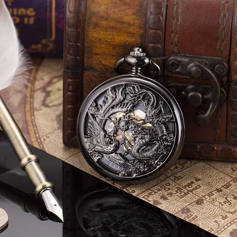 ManChDa Antique Mechanical Pocket Watches for Men Lucky Dragon Phoenix Pocket Watch with Chain Skeleton Dial Roman Numerals Gifts for Fathers Day in Kuwait