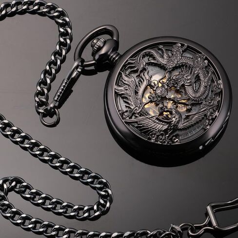 ManChDa Antique Mechanical Pocket Watches for Men Lucky Dragon Phoenix Pocket Watch with Chain Skeleton Dial Roman Numerals Gifts for Fathers Day in Kuwait