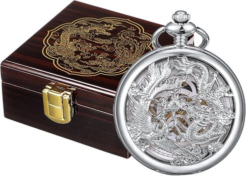 ManChDa Antique Mechanical Pocket Watches for Men Lucky Dragon Phoenix Pocket Watch with Chain Skeleton Dial Roman Numerals Gifts for Fathers Day in Kuwait