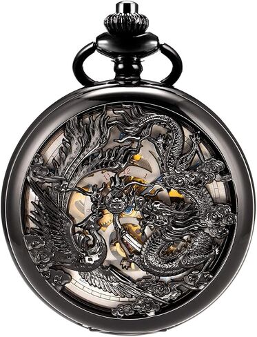 ManChDa Antique Mechanical Pocket Watches for Men Lucky Dragon Phoenix Pocket Watch with Chain Skeleton Dial Roman Numerals Gifts for Fathers Day in Kuwait
