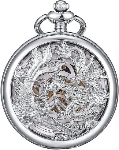 ManChDa Antique Mechanical Pocket Watches for Men Lucky Dragon Phoenix Pocket Watch with Chain Skeleton Dial Roman Numerals Gifts for Fathers Day in Kuwait