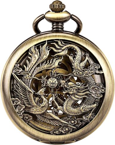 ManChDa Antique Mechanical Pocket Watches for Men Lucky Dragon Phoenix Pocket Watch with Chain Skeleton Dial Roman Numerals Gifts for Fathers Day in Kuwait