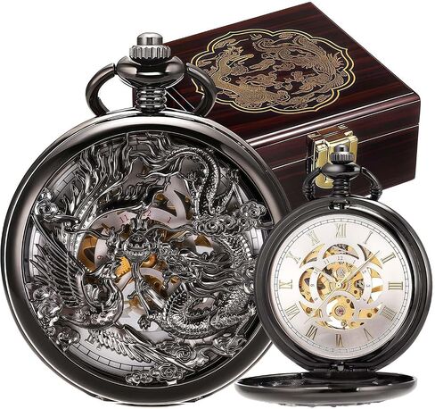 ManChDa Antique Mechanical Pocket Watches for Men Lucky Dragon Phoenix Pocket Watch with Chain Skeleton Dial Roman Numerals Gifts for Fathers Day in Kuwait