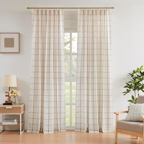 Vision Home Flax Linen Plaid Pinch Pleated Semi Sheer Curtains Checkered Light Filtering Window Panels 84 inches Long for Living Room Bedroom Rustic Pinch Pleat Drapes with Back Tab Hooks 40" Wx84"Lx2 in Kuwait
