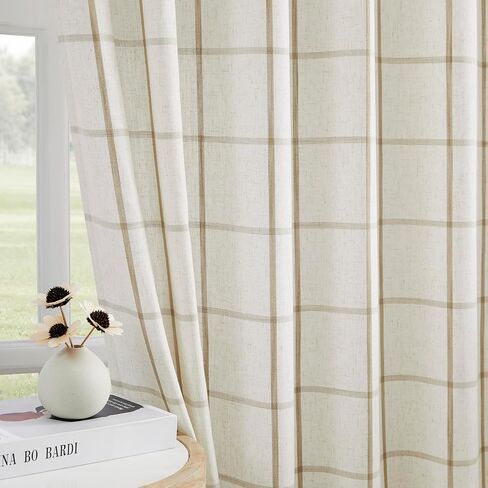 Vision Home Flax Linen Plaid Pinch Pleated Semi Sheer Curtains Checkered Light Filtering Window Panels 84 inches Long for Living Room Bedroom Rustic Pinch Pleat Drapes with Back Tab Hooks 40" Wx84"Lx2 in Kuwait