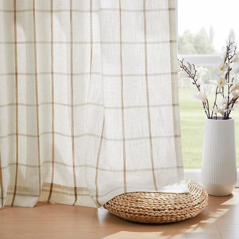 Vision Home Flax Linen Plaid Pinch Pleated Semi Sheer Curtains Checkered Light Filtering Window Panels 84 inches Long for Living Room Bedroom Rustic Pinch Pleat Drapes with Back Tab Hooks 40" Wx84"Lx2 in Kuwait