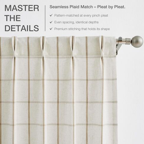 Vision Home Flax Linen Plaid Pinch Pleated Semi Sheer Curtains Checkered Light Filtering Window Panels 84 inches Long for Living Room Bedroom Rustic Pinch Pleat Drapes with Back Tab Hooks 40" Wx84"Lx2 in Kuwait