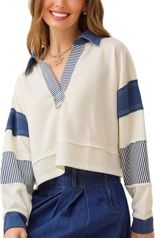 Sweatshirt for Women Color Block Patchwork Shirt Polo V Neck Cropped Casual Striped Top Pullover in Saudi Arabia