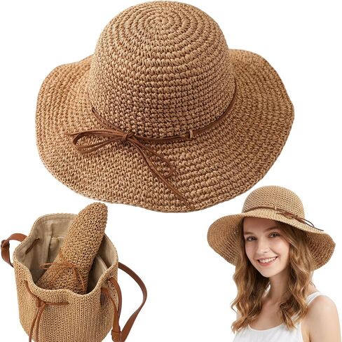 Straw Hat, Beach Hat and Sun Hat for Women, Foldable and Packable Design with Hand-Woven Bow, Ideal for Beach Outings, Travel and Outdoor Activities in Saudi Arabia
