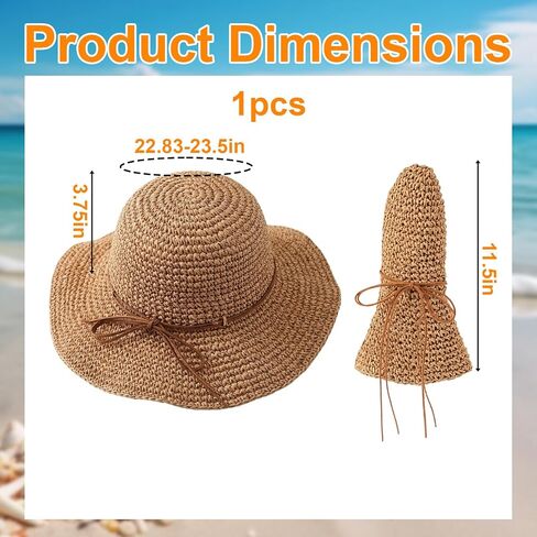 Straw Hat, Beach Hat and Sun Hat for Women, Foldable and Packable Design with Hand-Woven Bow, Ideal for Beach Outings, Travel and Outdoor Activities in Saudi Arabia