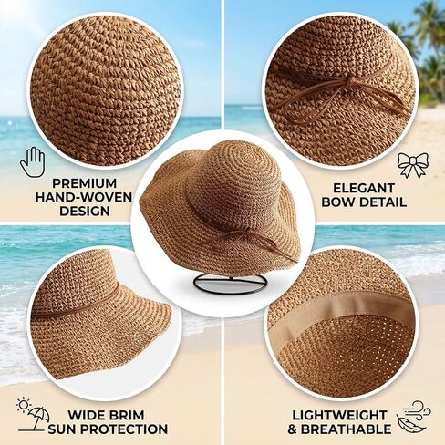 Straw Hat, Beach Hat and Sun Hat for Women, Foldable and Packable Design with Hand-Woven Bow, Ideal for Beach Outings, Travel and Outdoor Activities in Saudi Arabia