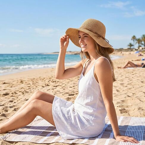 Straw Hat, Beach Hat and Sun Hat for Women, Foldable and Packable Design with Hand-Woven Bow, Ideal for Beach Outings, Travel and Outdoor Activities in Saudi Arabia