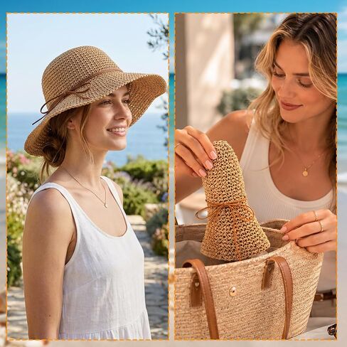 Straw Hat, Beach Hat and Sun Hat for Women, Foldable and Packable Design with Hand-Woven Bow, Ideal for Beach Outings, Travel and Outdoor Activities in Saudi Arabia