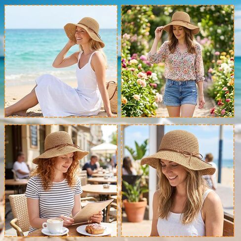 Straw Hat, Beach Hat and Sun Hat for Women, Foldable and Packable Design with Hand-Woven Bow, Ideal for Beach Outings, Travel and Outdoor Activities in Saudi Arabia