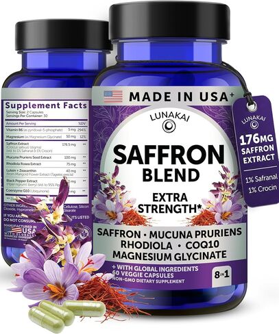 Lunakai USA Made Saffron Supplements for Women & Men 176mg – 8-in-1 Saffron Extract Capsules with Rhodiola & Mucuna for Daily Mood, Focus & Eye Support, Non-GMO, 60ct in Saudi Arabia