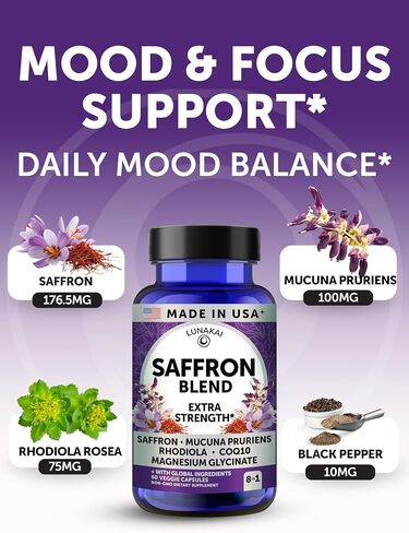 Lunakai USA Made Saffron Supplements for Women & Men 176mg – 8-in-1 Saffron Extract Capsules with Rhodiola & Mucuna for Daily Mood, Focus & Eye Support, Non-GMO, 60ct in Saudi Arabia