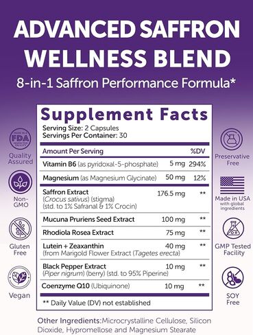 Lunakai USA Made Saffron Supplements for Women & Men 176mg – 8-in-1 Saffron Extract Capsules with Rhodiola & Mucuna for Daily Mood, Focus & Eye Support, Non-GMO, 60ct in Saudi Arabia