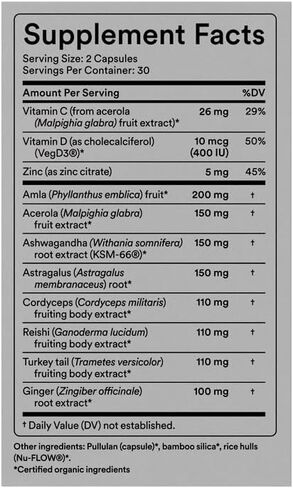 USDA Organic Immune Support Supplement – Vitamin D3, Vitamin C and Zinc – Plant-Based Immunity Support with Ashwagandha, Astragalus, Turkey Tail and Reishi Mushroom – 60 Capsules in Saudi Arabia