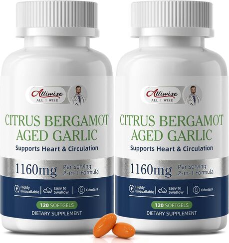 Citrus Bergamot with Aged Black Garlic Extract Softgels, 1160mg Cholesterol Support Supplement, 80% Polyphenols Bergamot Supplement for Heart, Circulation & Metabolic Health, Odorless 120 Gelcaps in Saudi Arabia