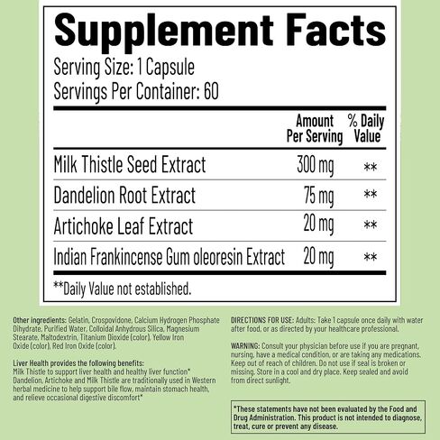 Liver Health Supplement with 300mg Milk Thistle Extract,Liver Cleanse Detox & Repair Support Formula with 85% Silymarin, Dandelion Root, Artichoke & Boswellia,60 Capsules in Kuwait