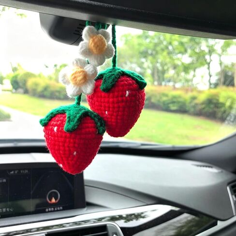 Crochet Pink Strawberry Car Accessories, Car Hanging Ornament, Rear View Mirror Hanging Accessories, Cute Home Office Decor in Saudi Arabia
