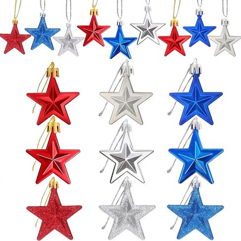 JULMELON 24 Pcs 4th of July Patriotic Star Ornaments, Mini Red Blue Silver Glitter Hanging Tree Decorations for Independence Day 250th Anniversary Memorial Day Veterans Day Christmas Tree Decor in Saudi Arabia