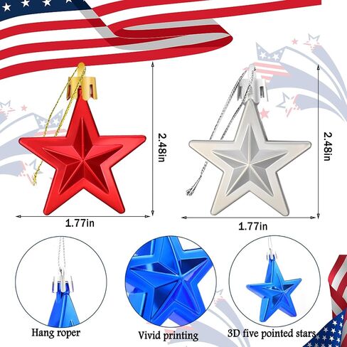 JULMELON 24 Pcs 4th of July Patriotic Star Ornaments, Mini Red Blue Silver Glitter Hanging Tree Decorations for Independence Day 250th Anniversary Memorial Day Veterans Day Christmas Tree Decor in Saudi Arabia