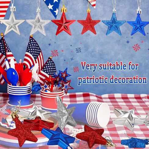 JULMELON 24 Pcs 4th of July Patriotic Star Ornaments, Mini Red Blue Silver Glitter Hanging Tree Decorations for Independence Day 250th Anniversary Memorial Day Veterans Day Christmas Tree Decor in Saudi Arabia