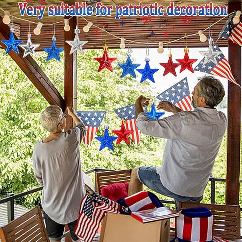 JULMELON 24 Pcs 4th of July Patriotic Star Ornaments, Mini Red Blue Silver Glitter Hanging Tree Decorations for Independence Day 250th Anniversary Memorial Day Veterans Day Christmas Tree Decor in Saudi Arabia