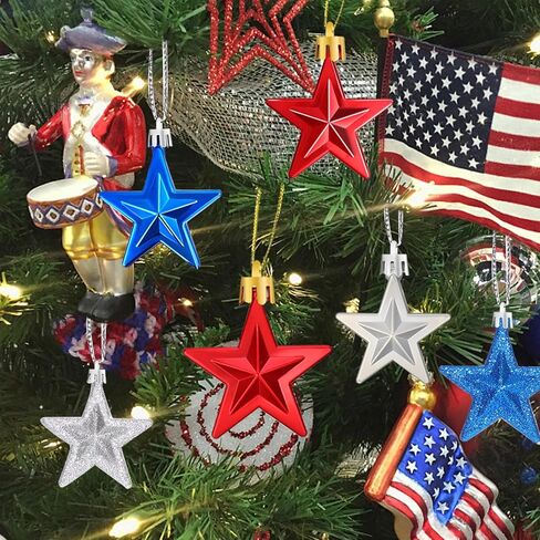 JULMELON 24 Pcs 4th of July Patriotic Star Ornaments, Mini Red Blue Silver Glitter Hanging Tree Decorations for Independence Day 250th Anniversary Memorial Day Veterans Day Christmas Tree Decor in Saudi Arabia