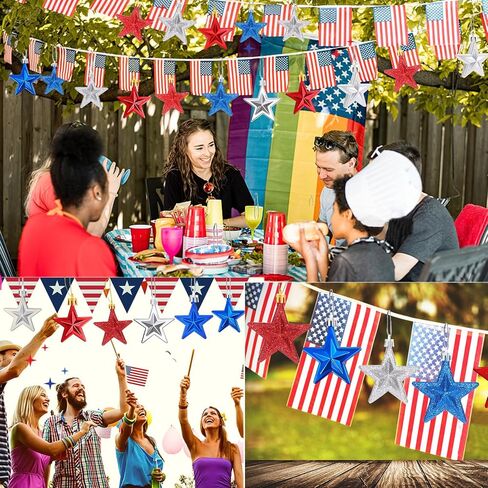 JULMELON 24 Pcs 4th of July Patriotic Star Ornaments, Mini Red Blue Silver Glitter Hanging Tree Decorations for Independence Day 250th Anniversary Memorial Day Veterans Day Christmas Tree Decor in Saudi Arabia