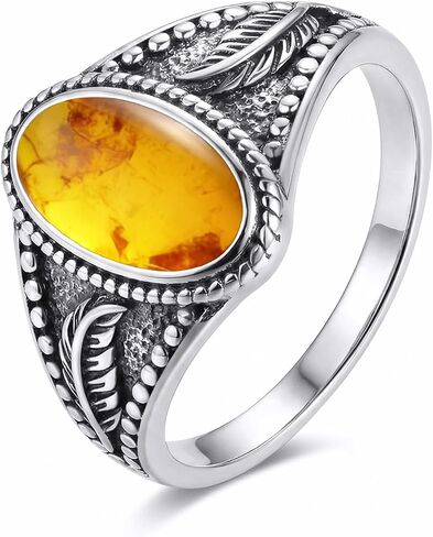 Vintage Oval Gemstone Feather Ring for Women, 925 Sterling Silver Boho Statement Jewelry for Her in Saudi Arabia