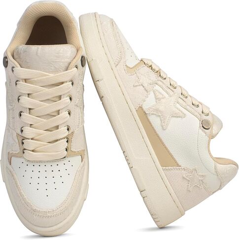 Women’s Fashion Sneakers Denim Lace Low Top Comfortable Walking Shoes Breathable Platform Casual Hiking with Stars and Cushioned Removable Footbed in Kuwait