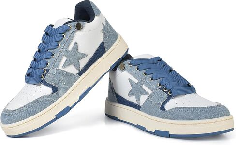 Women’s Fashion Sneakers Denim Lace Low Top Comfortable Walking Shoes Breathable Platform Casual Hiking with Stars and Cushioned Removable Footbed in Kuwait