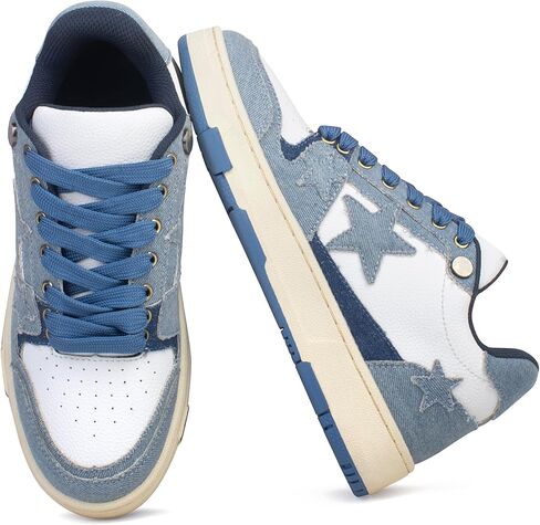 Women’s Fashion Sneakers Denim Lace Low Top Comfortable Walking Shoes Breathable Platform Casual Hiking with Stars and Cushioned Removable Footbed in Kuwait