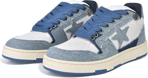 Women’s Fashion Sneakers Denim Lace Low Top Comfortable Walking Shoes Breathable Platform Casual Hiking with Stars and Cushioned Removable Footbed in Kuwait