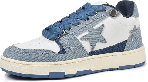 Women’s Fashion Sneakers Denim Lace Low Top Comfortable Walking Shoes Breathable Platform Casual Hiking with Stars and Cushioned Removable Footbed in Kuwait