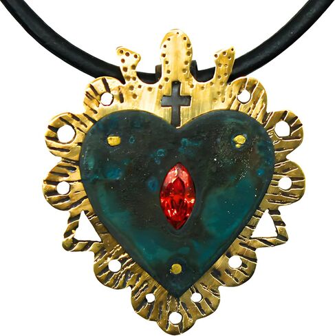 Unique Handmade Sacred Heart Pendant Jewelry Gift for Women and Men Handcrafted Bronze Oxide Patina Red Zircon Sturdy Rivets Ancient Symbolic European Religious Art Ancient Design Leather Collar in Kuwait
