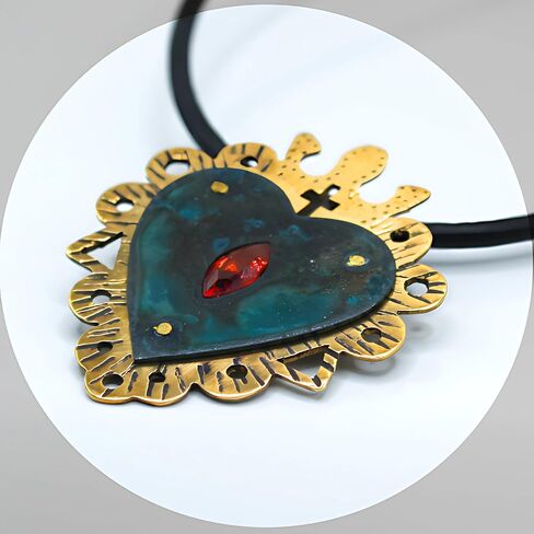 Unique Handmade Sacred Heart Pendant Jewelry Gift for Women and Men Handcrafted Bronze Oxide Patina Red Zircon Sturdy Rivets Ancient Symbolic European Religious Art Ancient Design Leather Collar in Kuwait