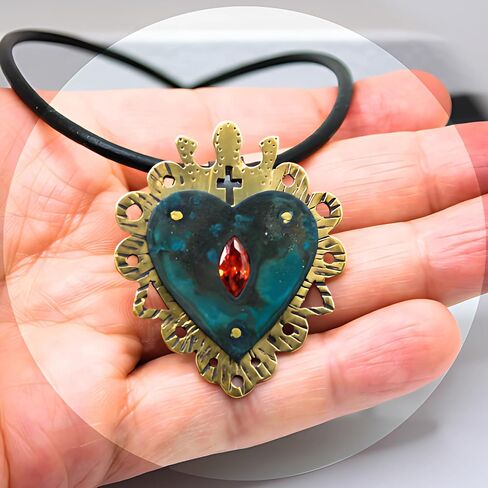 Unique Handmade Sacred Heart Pendant Jewelry Gift for Women and Men Handcrafted Bronze Oxide Patina Red Zircon Sturdy Rivets Ancient Symbolic European Religious Art Ancient Design Leather Collar in Kuwait