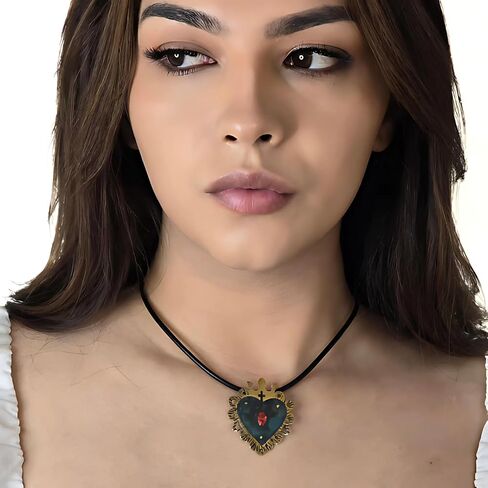 Unique Handmade Sacred Heart Pendant Jewelry Gift for Women and Men Handcrafted Bronze Oxide Patina Red Zircon Sturdy Rivets Ancient Symbolic European Religious Art Ancient Design Leather Collar in Kuwait