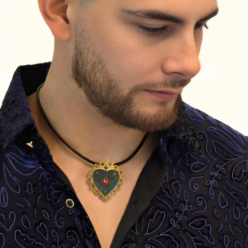 Unique Handmade Sacred Heart Pendant Jewelry Gift for Women and Men Handcrafted Bronze Oxide Patina Red Zircon Sturdy Rivets Ancient Symbolic European Religious Art Ancient Design Leather Collar in Kuwait